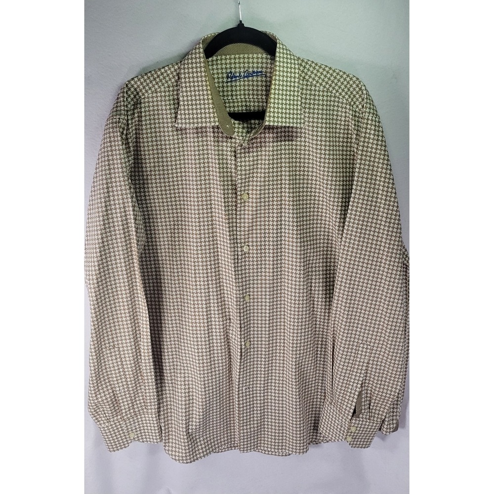 Robert Graham Mens Long Sleeve Textured Shirt Tan & Wht Check Size XL Flip Cuff